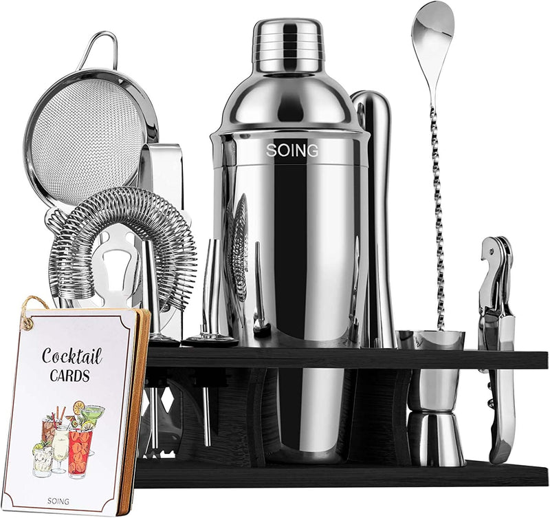 Soing 11-Piece Gold Bartender Kit,Perfect Home Cocktail Shaker Set for Drink Mixing,Stainless Steel Bar Tools with Stand,Velvet Carry Bag & Cocktail Recipes Cards (Gold) Home & Garden > Kitchen & Dining > Barware SOING Silver+Black Stand  