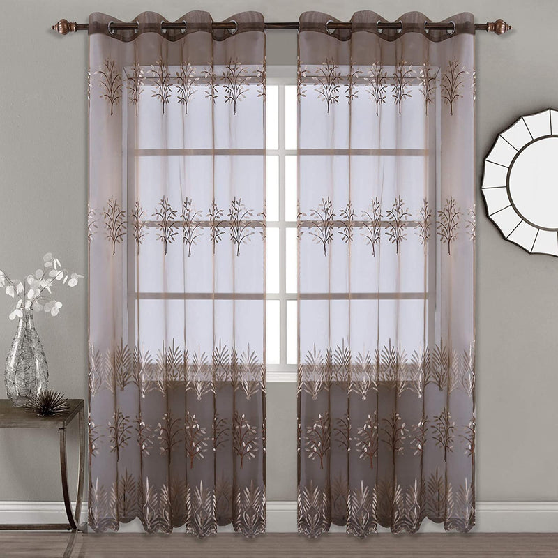 DONREN Luxury Brown Sheer Curtains for Living Room - Leaf Embroidery Sheer Curtain Panels for Bedroom (W 52 X L 96 Inch,2 Panels) Home & Garden > Decor > Window Treatments > Curtains & Drapes DONREN   