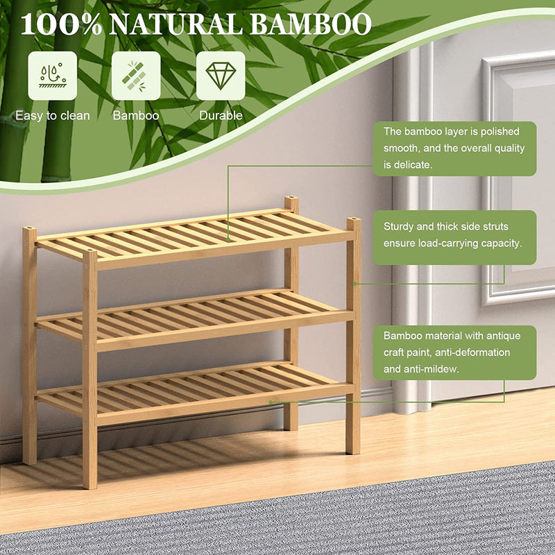 ROMGUAR CRAFT 3 Tier Bamboo Shoe Rack for Entryway, Small Wood Shoe Shelf Storage Organizer for Closet, Shoe Stand for Hallway, Stackable and Sturdy 27"X12"X21" Natural Home & Garden > Household Supplies > Storage & Organization ROMGUAR CRAFT   