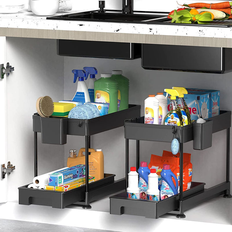 SPACELEAD under Sink Organizers and Storage, under Sliding Cabinet Basket Organizer, 2 Tier under Sink Storage for Bathroom Kitchen with Hooks, Hanging Cup, the Bottom Can Be Pulled Out Black