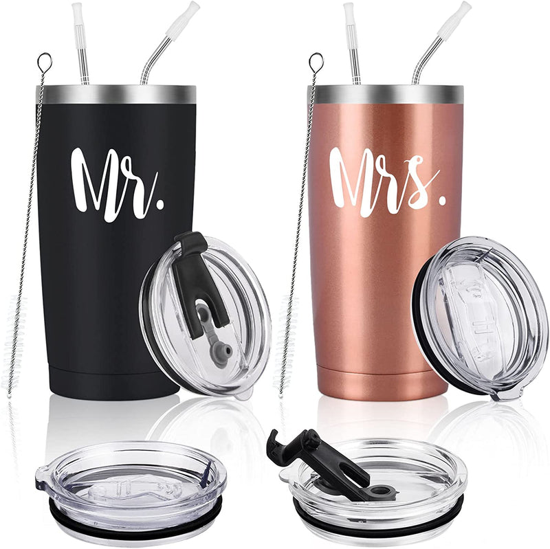 Mr and Mrs Tumbler Set of 2 Stainless Steel Travel Tumbler Ideas for Newlyweds Couples Wife Bride to Be Newly Engaged Bridal Shower, Insulated Travel Tumbler for Wedding Engagement(20 Oz, Black&White)