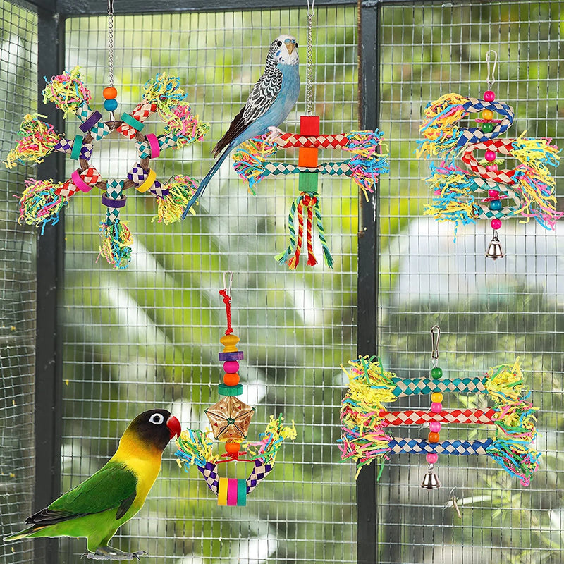 Bird Shredding Toys, 5PCS Colorful Bamboo Hanging Toys Parrot Chew Wooden Blocks, Bird Foraging Toys for Small Medium Parrots Parakeets, Conures, Cockatiel, Lovebird