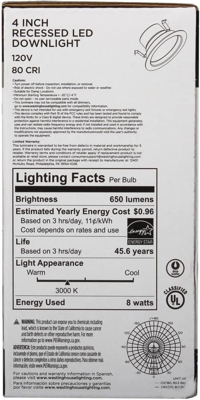 Westinghouse Lighting 4104100 65-Watt Equivalent 4-Inch Recessed LED Downlight Dimmable Warm Energy Star Light Bulb with Medium Base, White Trim Home & Garden > Lighting > Flood & Spot Lights Westinghouse Lighting   