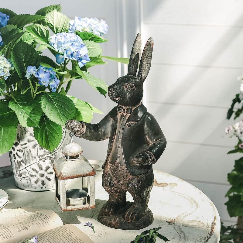 NIKKY HOME Easter Bunny Decorations - Vintage Metal Tealight Candle Lantern Holder Rabbit Resin Sculpture Bunny Figurine