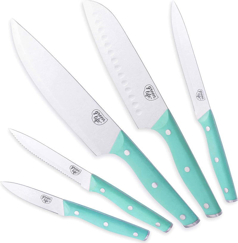 Greenlife High Carbon Stainless Steel 13 Piece Wood Knife Block Set with Chef Steak Knives and More, Comfort Grip Handles, Triple Rivet Cutlery, Soft Pink Home & Garden > Kitchen & Dining > Kitchen Tools & Utensils > Kitchen Knives GreenLife Turquoise 5 Piece Knife Set with Covers 