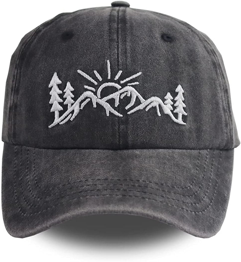 Mountain Baseball Cap for Women Men, Adjustable Embroidered Washed Vintage Retro Cotton Denim Distressed Adventure Dad Hat Sporting Goods > Outdoor Recreation > Winter Sports & Activities Xpayzere   