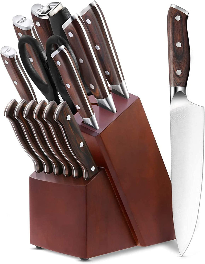 Kitchen Knife Set,15-Pieces of Premium Kitchen Knife Set,With Wooden Storage Block,German High-Carbon Stainless Steel Professional Chef Knife Set, with Sharpener and Multifunctional Scissors
