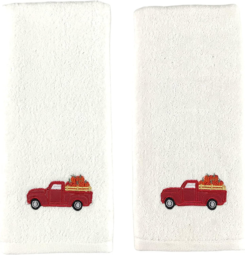 Fall Hand Towels: Ivory Cotton Towels with Hello Fall Leaves for Home Décor and Everyday, 2 Piece Set,16" X 28" Inch Home & Garden > Linens & Bedding > Towels Serafina Home Red Truck  