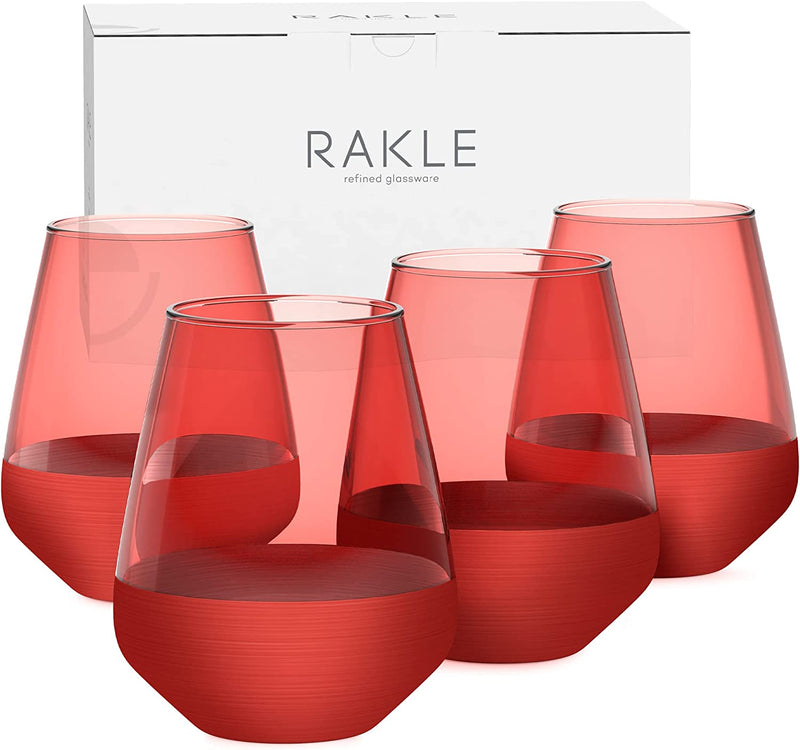 Rakle Stemless Wine Glasses – Set of 4 Red Colored Wine Glasses – 14.3Oz Colorful Wine Glasses – Lead-Free Premium Glass – Stemless Drinking Glasses for Cocktails, Wine, Bar Drinks Home & Garden > Kitchen & Dining > Tableware > Drinkware RAKLE   