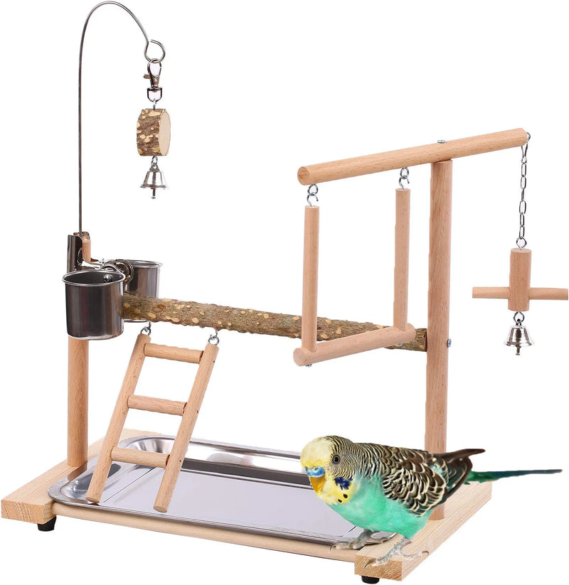 QBLEEV Bird Playground Birdcage Playstand Parrot Play Gym Parakeet Cage Decor Budgie Perch Stand with Feeder Seed Cups Ladder Hanging Swing Chew Toys Conure Macaw Cockatiel Finch (Prickly Ash Wood) Animals & Pet Supplies > Pet Supplies > Bird Supplies QBLEEV   