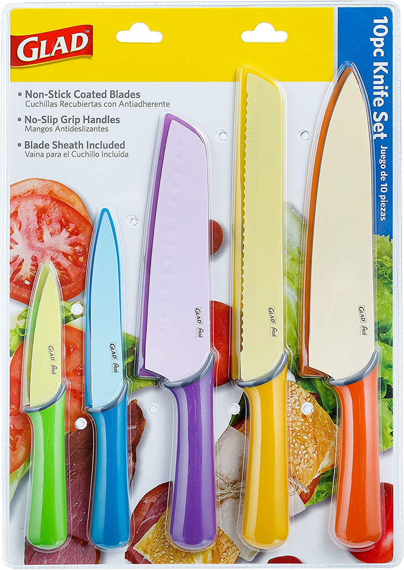 Glad Knife Set for Kitchen – Stainless Steel Chef Knives with Sheaths | Sharp Colored Blades with Non-Slip Handles | Assorted Nonstick Cooking Essentials for Home