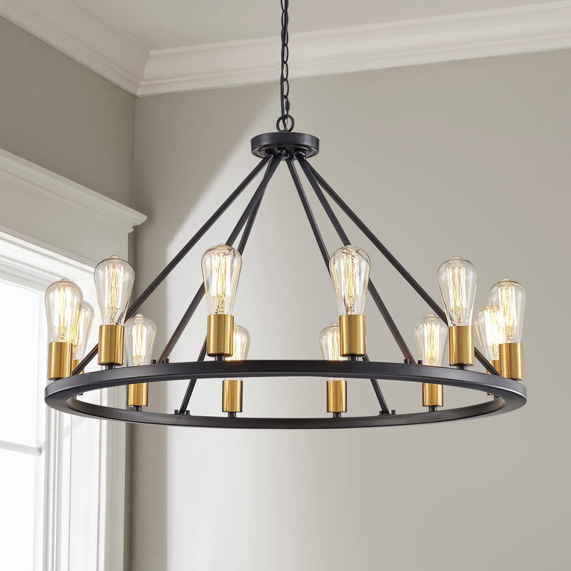 Saint Mossi Antique Painted Metal Chandelier Lighting with 12 Lights,Rustic Vintage Farmhouse Pendant Lighting Wagon Wheel Chandelier,Black Finish,H20 X D32 with Adjustable Chain Home & Garden > Lighting > Lighting Fixtures > Chandeliers SM Saint Mossi Black with Brass  
