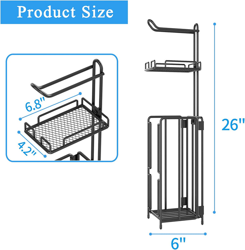 GILLAS Free Standing Toilet Paper Holder Stand, Bathroom Toilet Tissue Paper Roll Storage Holder with Shelf and Reserve for Bathroom Storage Holds Wipe, Mobile Phone, Mega Rolls, Black Home & Garden > Household Supplies > Storage & Organization GILLAS   