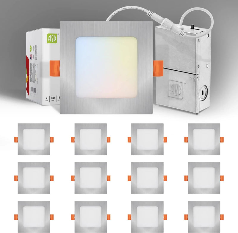 ASD 12 Pack Ultra Thin Square LED Recessed Lighting 4 Inch, 5 CCT 2700K-5000K Selectable, 12W 50W Eqv, Dimmable Canless LED Ceiling Square Downlight with J-Box, 784Lm High Brightness - UL Energy Star Home & Garden > Lighting > Flood & Spot Lights ASD Brushed Nickel 5CCT 12-Pack 