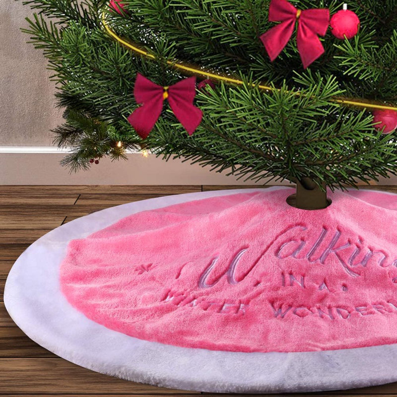 Pink Christmas Tree Skirt, 36 Inches (About 91.4 Cm) Luxury Artificial Fur, with Embroidered Snowflakes, Suitable for Christmas Parties and Holiday Decorations, Washable Home & Garden > Decor > Seasonal & Holiday Decorations > Christmas Tree Skirts VATENIC   