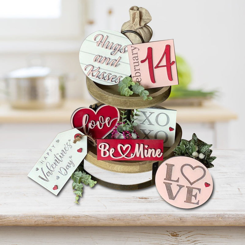 STEADY Valentine'S Day Tiered Tray Decor Valentine'S Day Wood Sign Cute Love Hugs and BE Mine Wooden Signs Farmhouse Rustic Tiered Tray Items Decorations for Home Table House Room Home & Garden > Decor > Seasonal & Holiday Decorations STEADY   