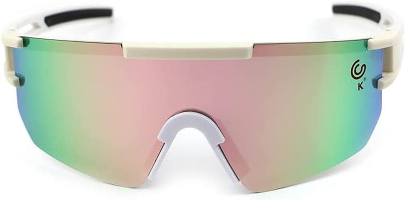 KAEK-GLOB Polarized Sports Sunglasses - Safety Sunglasses for Men Women, P-V Style, Cycling Baseball Running Golf Glasses Sporting Goods > Outdoor Recreation > Cycling > Cycling Apparel & Accessories KAEK-GLOB White Frame | Rainbow Pink Lens  