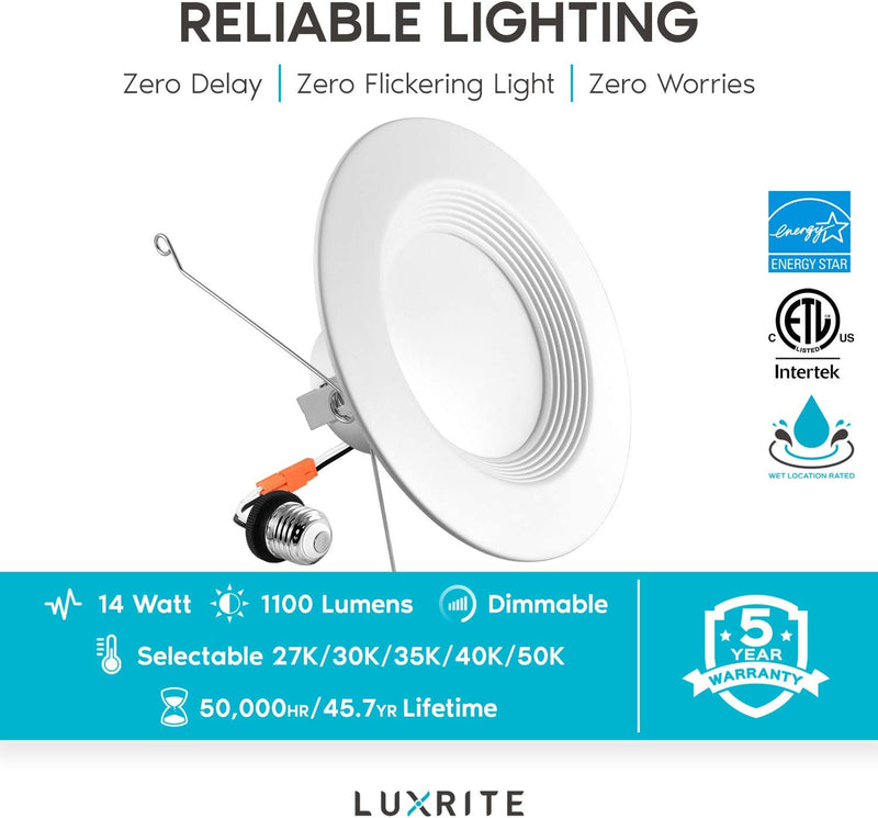 Luxrite 5/6 Inch LED Recessed Retrofit Downlight, 14W=90W, CCT Color Selectable 2700K | 3000K | 3500K | 4000K | 5000K, Dimmable Can Light, 1100 Lumens, Wet Rated, Energy Star, Baffle Trim (4 Pack) Home & Garden > Lighting > Flood & Spot Lights Luxrite   