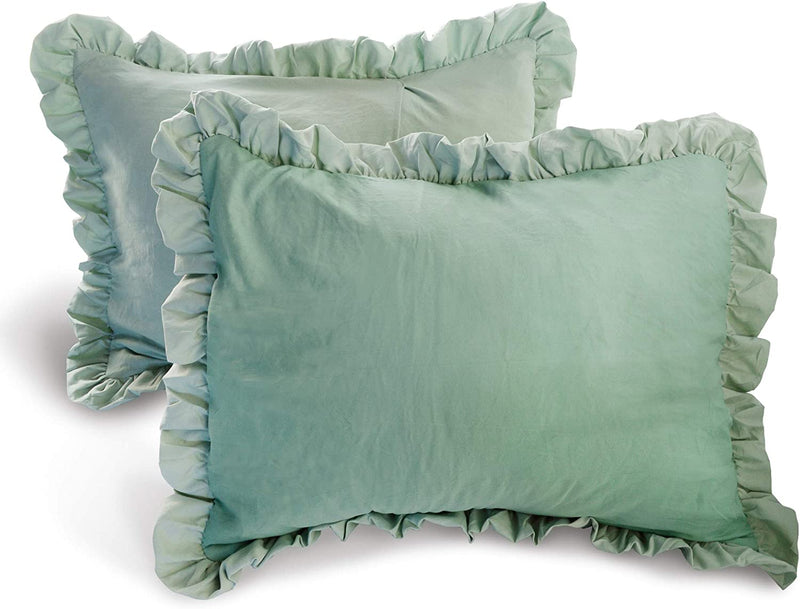 DOMDEC 3-Piece Quilted Comforter Set Washed Microfiber Shell down Alternative Fill Stylish Ruffled Edge Machine Washable Bedspread(King Size + 2 Pillow Shams, Green) Home & Garden > Linens & Bedding > Bedding > Quilts & Comforters Domdec Home Fashions LLC   
