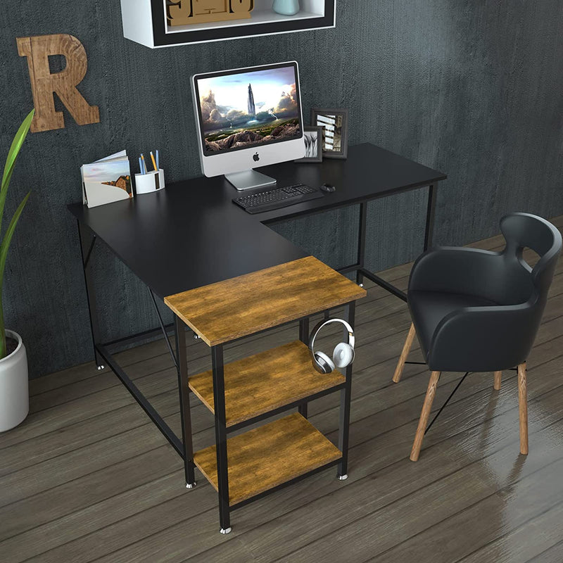 Klvied L Shaped Desk for Home Office, Double Color L Table with Storage Shelves, Reversible Corner Computer Desk, Space-Saving Desk Workstation, Industrial Simple Wooden Writing Table, Black