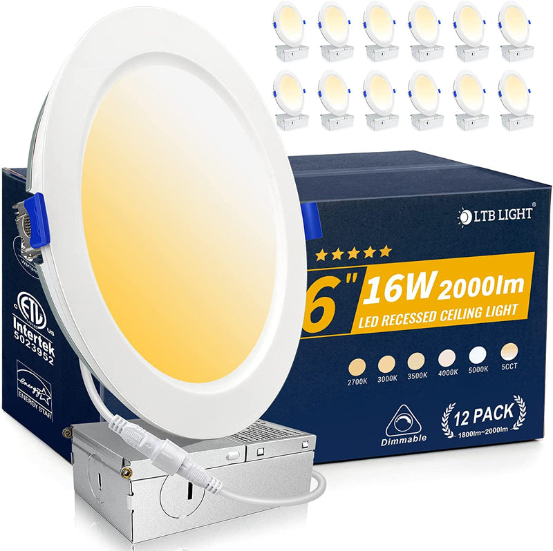 12 Pack 12W 1200LM 4 Inch Recessed Lighting with Junction Box,Eqv.150W,5000K,Retrofit Recessed Light, Dimmable, Ultra-Thin LED Can Lights,Canless Wafer Downlight -ETL & Energy Star Certified Home & Garden > Lighting > Flood & Spot Lights LTBLIGHT 5000k/4000k/3500k/3000k/2700k - 5cct White 6 Inch 16W 