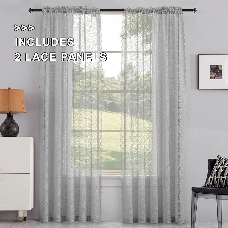 FINECITY Grey Lace Curtains for Bedroom - Rose Floral Grey Sheer Curtains 63 Inch Length, Light Filtering Sheer Lace Curtains, Farmhouse Window Sheer Curtains Gary 2 Panels, 52 X 63 Inch, Grey Home & Garden > Decor > Window Treatments > Curtains & Drapes FINECITY   