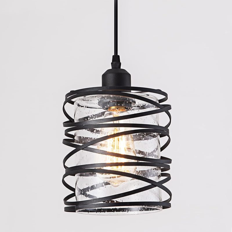 Modern Mini Pendant Light Fixture Kitchen Island Pendant Lighting 6.30''Matte Black Spiral Cage and Handblown Frosted Haze Glass Shade Hanging Lamp Adjustable Cord for Christmas Gift,Dining Room Home & Garden > Lighting > Lighting Fixtures FISGONI Seeded Glass Spiral Cage 6.30in  