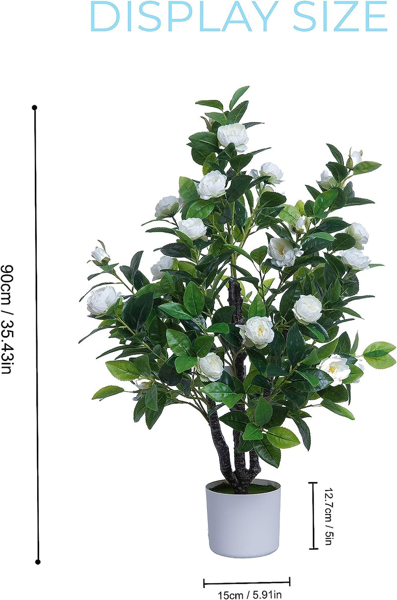 ECOFOREST Artificial Camellia Tree 35In Faux Floral Plant with White Flowers and Green Leaves - No Maintenance Indoor Outdoor Office Home Porch Decor Housewarming Gift(1 Pack - White)  ECOFOREST   