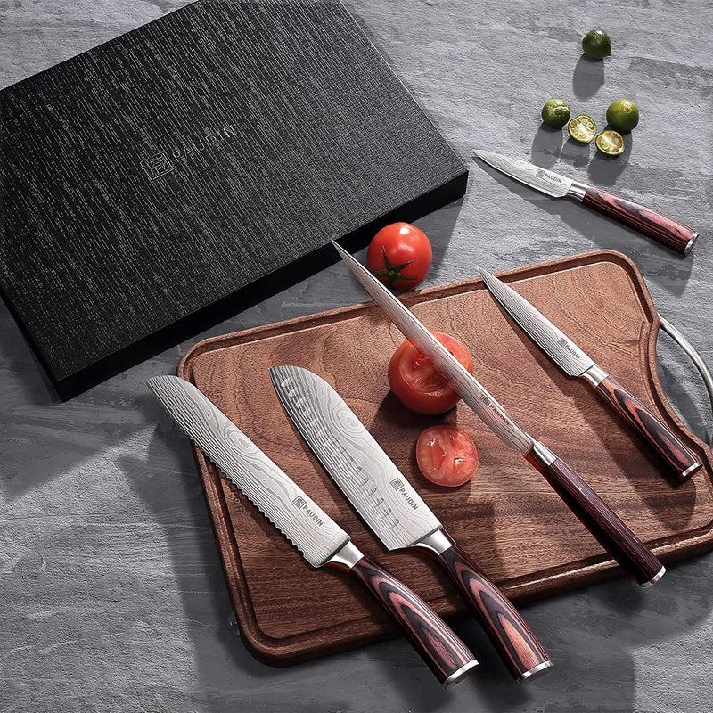 PAUDIN Knife Set, 5 Pcs Kitchen Knife Set with Sharp High Carbon Stainless Steel Forged Blade and Non-Slip Pakkawood Handle, Professional Knives Set for Kitchen, Chef Knife Set Come with Gift Box Home & Garden > Kitchen & Dining > Kitchen Tools & Utensils > Kitchen Knives PAUDIN   