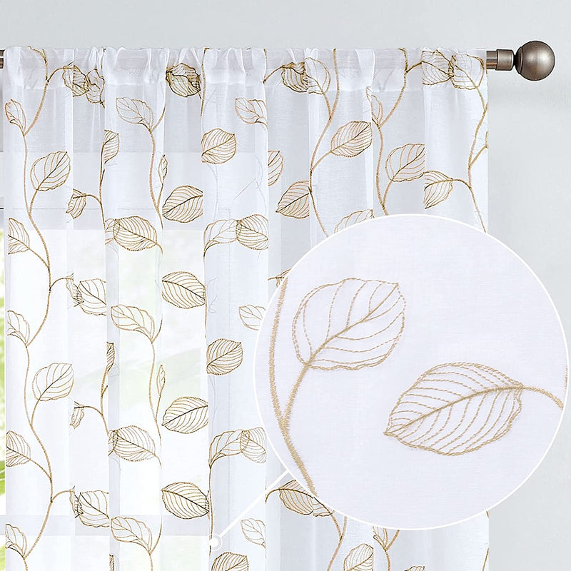 Topick White Sheer Curtains Embroidered Floral Window Drapes for Living Room Bedroom 84 Inch Length Country Scalloped Voile Mesh Light Diffusing Off-White Tulle Curtain Set of 2 Panels Rod Pocket Home & Garden > Decor > Window Treatments > Curtains & Drapes Topick Taupe on White 84L 