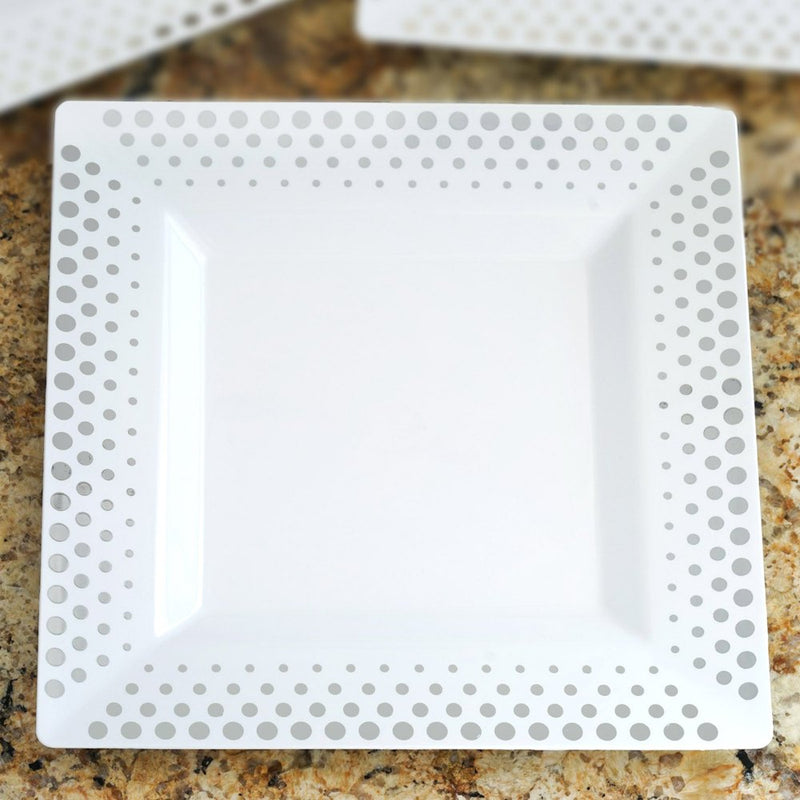 Efavormart 50 Pcs - White with Gold 6.5" Square Disposable Plastic Plate for Wedding Party Banquet Events - Hot Dots Collection Arts & Entertainment > Party & Celebration > Party Supplies Efavormart.com 10.5" White/Silver 