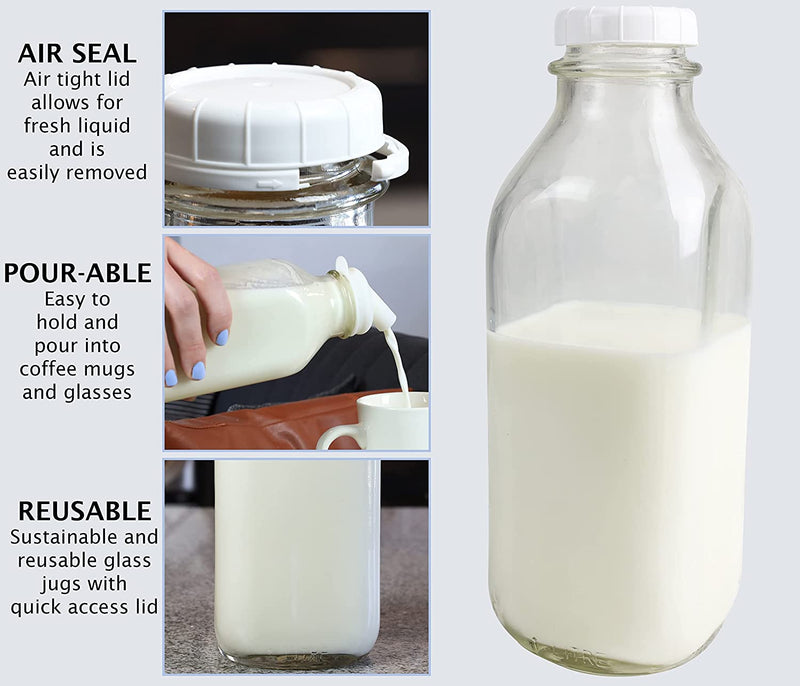 The Dairy Shoppe Heavy Glass Milk Bottles 33.8 Oz Jugs with Extra Lids & NEW Pour Spout! (2, 33.8 Oz) Home & Garden > Decor > Decorative Jars The Dairy Shoppe   