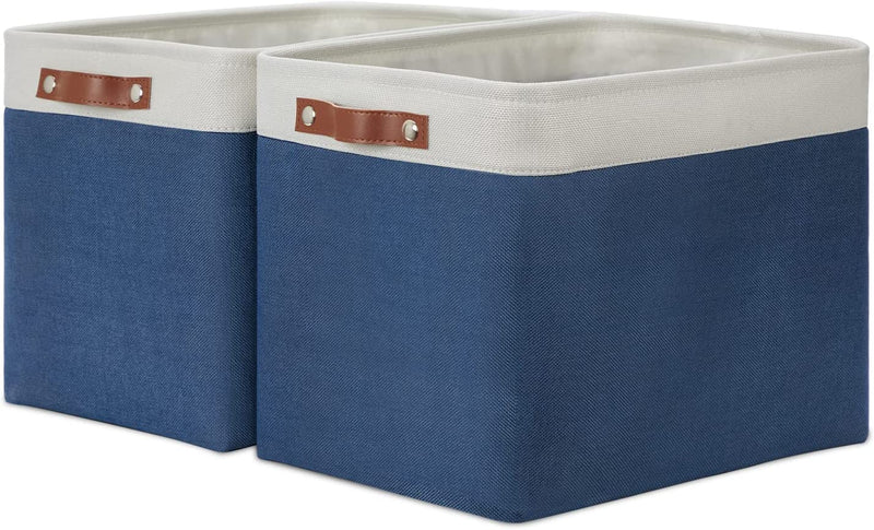 DULLEMELO Storage Bins 16"X12"X12" with Leather Handles for Organizing,Decorative Collapsible Storage Baskets for Shelves Closet Home Office (Black&Grey) Home & Garden > Household Supplies > Storage & Organization DULLEMELO White&Blue Large-16"x12"x12" 