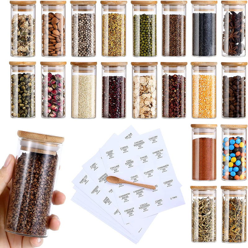 Spice Jars with Label, 20Pcs 4 Oz Glass Spice Jars with Bamboo Airtight Lids, Small Spice Storage Bottles with Spoon, 200 Printed Spice Labels Stickers for Seasoning Containers Home & Garden > Decor > Decorative Jars VIKEYHOME Set of 20, 4oz  