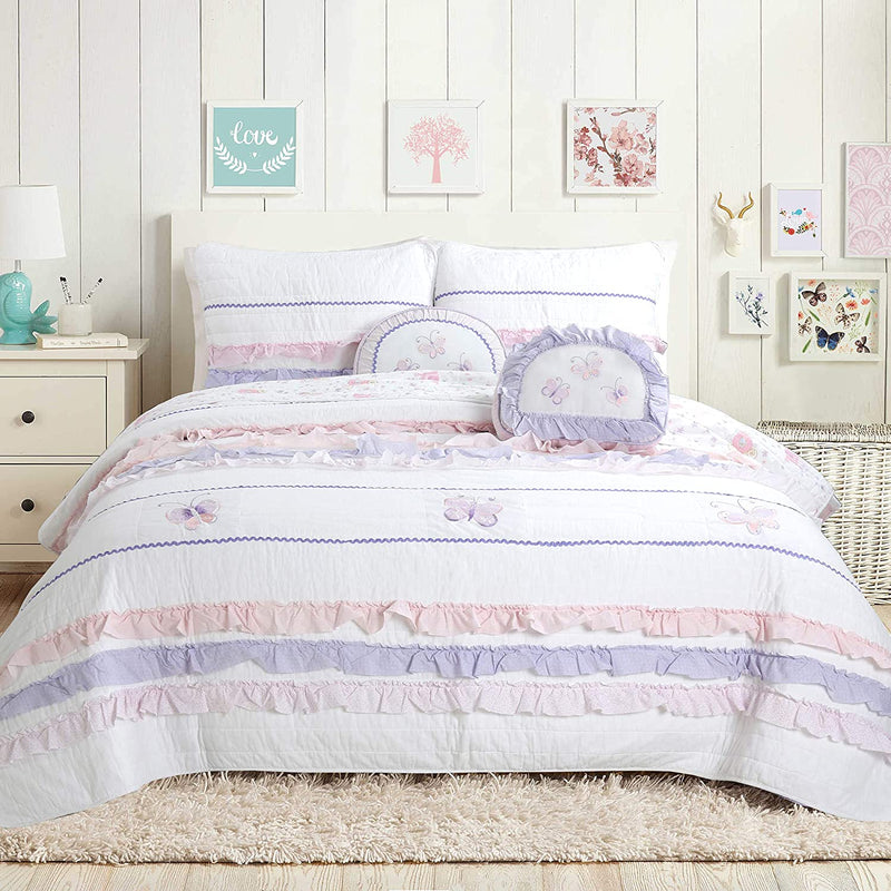 Cozy Line Home Fashions Colorful Striped Ruffle Floral 100% Cotton Reversible Girl Quilt Bedding Set, Reversible Coverlet Bedspread (Rainbow, Queen - 3 Piece) Home & Garden > Linens & Bedding > Bedding Cozy Line Home Fashions Lilac Butterfly Queen 