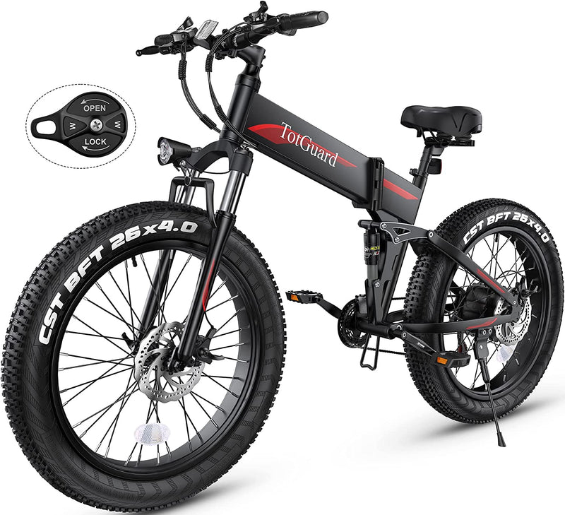 Electric Bike, 26'' Fat Tire Electric Bike 500W 21.6MPH Removable 48V/10Ah Battery, Adult Mountain Snow Beach Electric Bike with Lockable Suspension Fork, Shimano 21 Speed Gears Folding Electric Bike Sporting Goods > Outdoor Recreation > Cycling > Bicycles Shenzhen Chirrey Technology Co., Ltd Red  