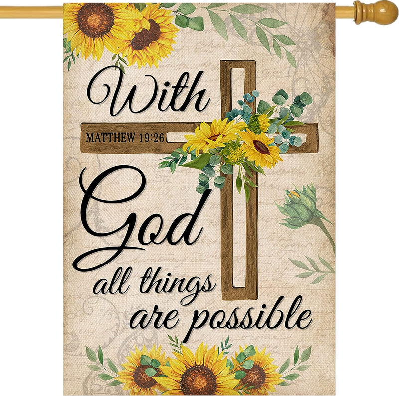 Selmad with God All Things Are Possible Easter Religious Garden Flag, Spring Summer Cross Small Outdoor Faith Home Yard Decor, Fall Autumn Inspirational Sunflowers outside Decoration Double Sided 12 X 18  Selmad Summer 28 × 40 Inch 