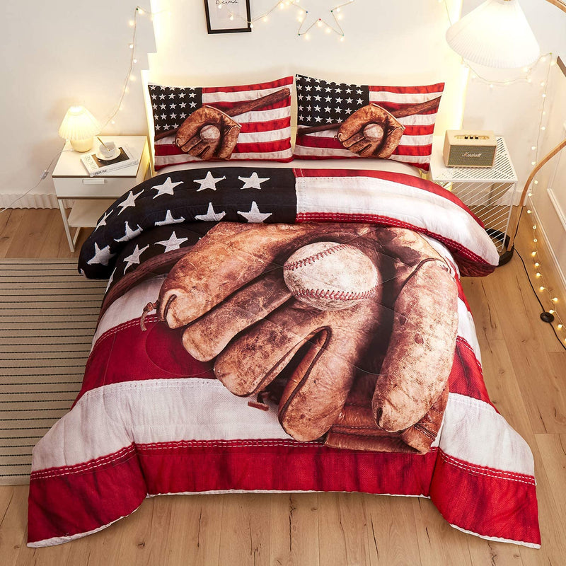 Namoxpa Baseball American Flag Comforter Sets,Baseball Bat and Ball on Foreground of Star-Spangled Banner National Sports,Decorative 3 Piece Bedding Comforter Sets with 2 Pillow Shams, Queen Size