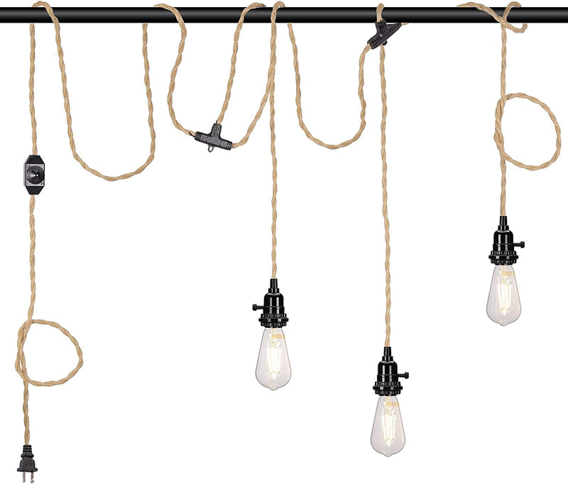 Pendant Light Cord Kit with Dimmer Switch, 28.5Ft Dimmable Plug in Hanging Light with Triple E26 Base Light Socket, Vintage Twisted Hemp Rope Farmhouse Hanging Light Fixture for Bedroom Living Room