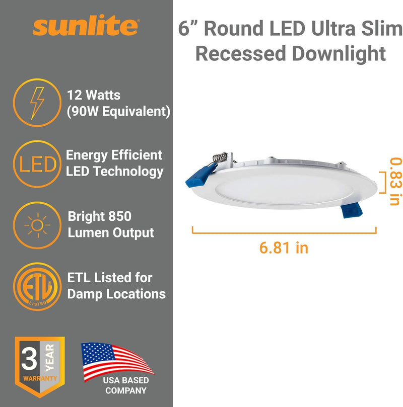 Sunlite 82077-SU LED round Slim Downlight Retrofit Fixture 6 Inch, 12 Watt, Dimmable, 850 Lumen, 1 Pack, 40K - Cool White