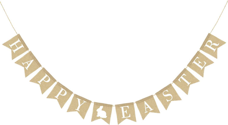 Burlap Happy Easter Banner | Rustic Easter Celebration Decorations | Happy Easter Bunting Garland with Rabbit Bunny Sign | Easter Party Decor Photo Props