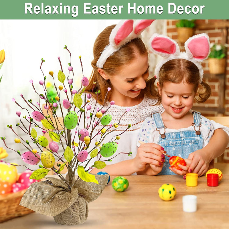 TURNMEON 2 Pack Prelit Easter Eggs Tree Tabletop Easter Decorations with 20 LED Warm Lights Battery Operated Colorful Eggs Berries Seeds 18 Inch Easter Decoration Home Party Indoor Spring Summer Decor