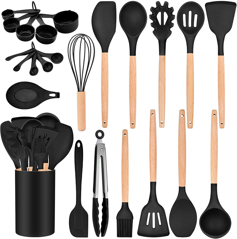 Teamfar 24PCS Cooking Utensil Set with Holder, Silicone Kitchen Cookware Tools with Wooden Handle, Spatula Spoon Turner, Non-Toxic & Non-Stick, Heat-Resistant & Dishwasher Safe, Colorful Home & Garden > Kitchen & Dining > Kitchen Tools & Utensils TeamFar Black 24 