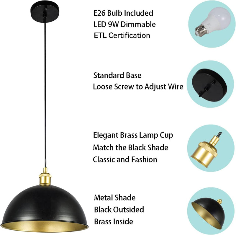 YORKCARE Pendant Light Fixutures Metal Shade, Dimmable LED 9W Bulb Included, Black Industrial Chandelier for Dining Kitchen Island Coffee Bar Restaurant Home & Garden > Lighting > Lighting Fixtures YORKCARE   