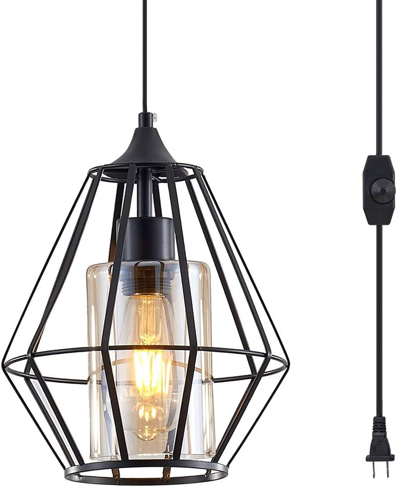 YLONG-ZS Hanging Lamps Crystal White Swag Lamp Rustic Pendant Light Plug in 16.4 FT Cord Hanging Pendant Light Cage In-Line On/Off Dimmer Switch for Kitchen Island, Dining Room,Black Finish Home & Garden > Lighting > Lighting Fixtures YLONG-ZS Black  