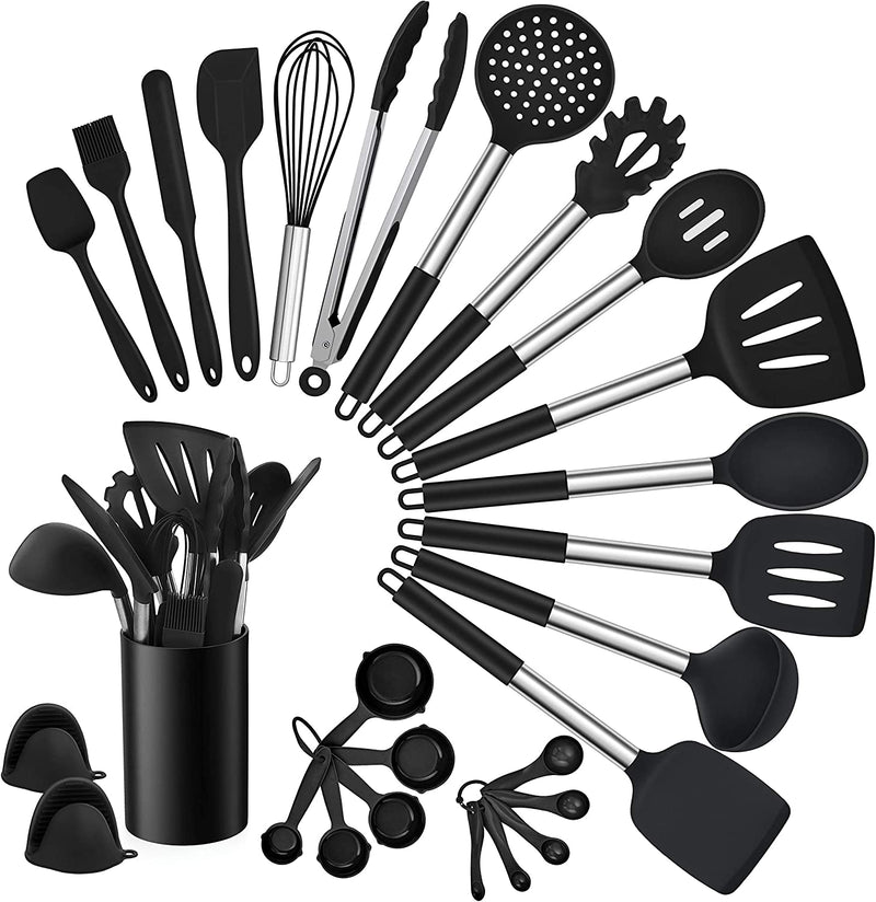Homikit 27 Pieces Silicone Cooking Utensils Set with Holder, Kitchen Utensil Sets for Nonstick Cookware, Black Kitchen Tools Spatula with Stainless Steel Handle, Heat Resistant Home & Garden > Kitchen & Dining > Kitchen Tools & Utensils Homikit Black 27-Piece 