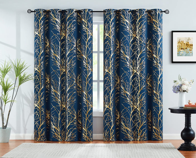 FMFUNCTEX Branch Grey Blackout Curtain Panels for Bedroom 84" Foil Gold Tree Branch Window Curtains Metallic Print Energy Efficient Thermal Curtain Drapes for Guest Living Room Grommet Top 2 Panels
