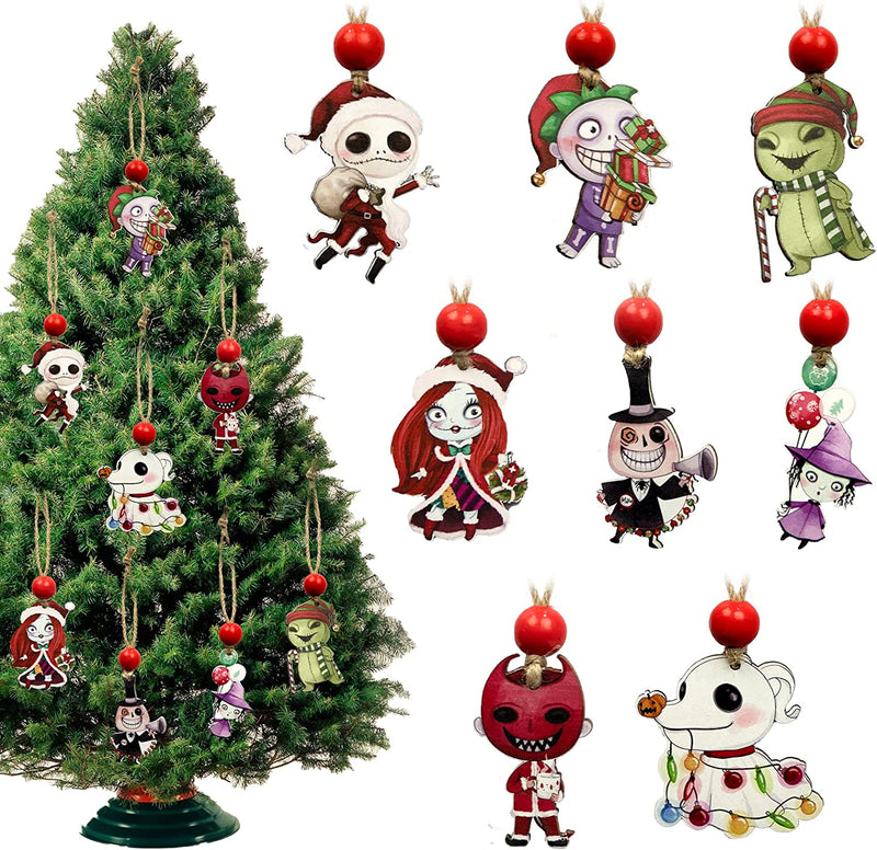 Halloween Decorations - Halloween Ornaments for Tree - Pack of 10 Wooden Hanging Horror Movie Ornaments for Halloween/Xmas Trees - Mini Halloween Tree Decorations  DAZONGE Red  
