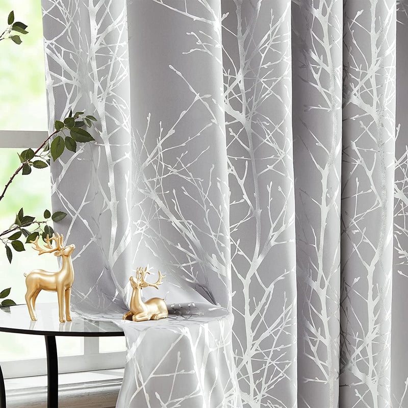 FMFUNCTEX Branch Grey Blackout Curtain Panels for Bedroom 84" Foil Gold Tree Branch Window Curtains Metallic Print Energy Efficient Thermal Curtain Drapes for Guest Living Room Grommet Top 2 Panels Home & Garden > Decor > Window Treatments > Curtains & Drapes FMFUNCTEX Silver /Grey 50" x 63"L 