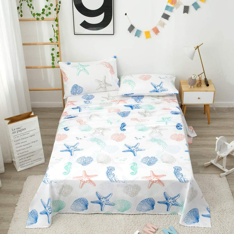 JSD Beach Theme Kids Printed Sheet Set Twin Deep Pocket, 3 Piece Soft Starfish Jellyfish Warm Microfiber Bed Sheets Home & Garden > Linens & Bedding > Bedding JSD   